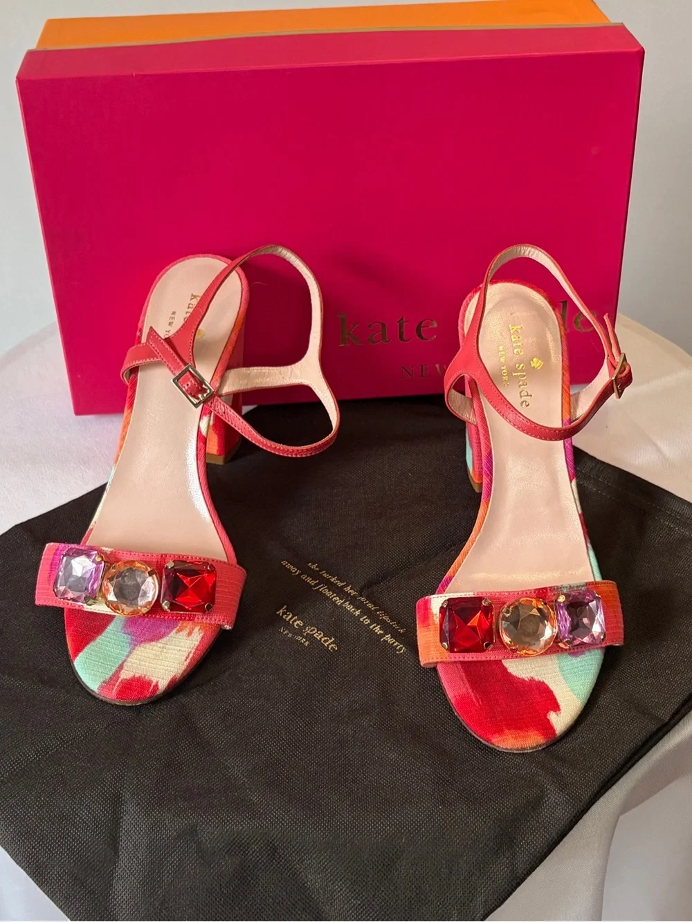 kate spade Pink Multicolor Jewel-Embellished Block Heel Sandals